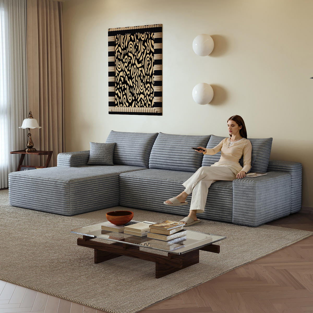 ECKSOFA 270/175/83 cm Grau Cord mit Chaiselongue, Linke Seite - Grau, Textil (270/175cm) - Oxeza