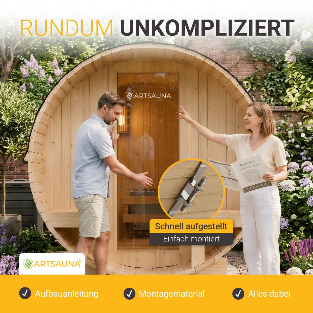 FASSSAUNA Spitzbergen 220 cm mit zwei Bänken (6 Personen) - Naturfarben, Holz (185/190/220cm) - Artsauna