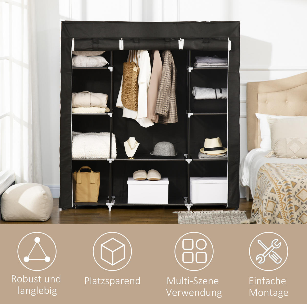 KLEIDERSCHRANK aus Stahl 43x150x162,5 cm Schwarz mit Kleiderstange, 10 Fächern und Reißverschlussabdeckung - Schwarz, Metall (150/162.5/43cm) - Modfu