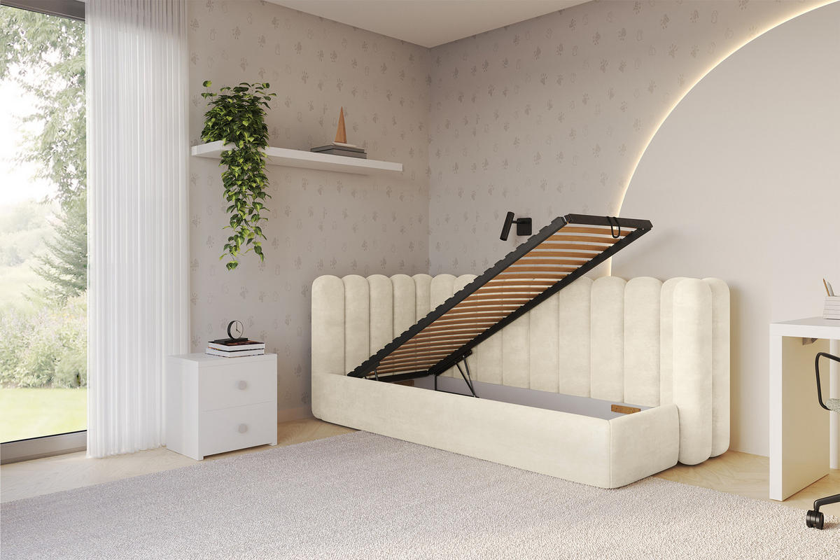 EINZELLBETT Jugendbett mit Bettkasten und Matratze H3/H4, Rechts - HUGY 100x200 Beige - Naturfarben, Holzwerkstoff/Textil (100/200cm) - ALTDECOR