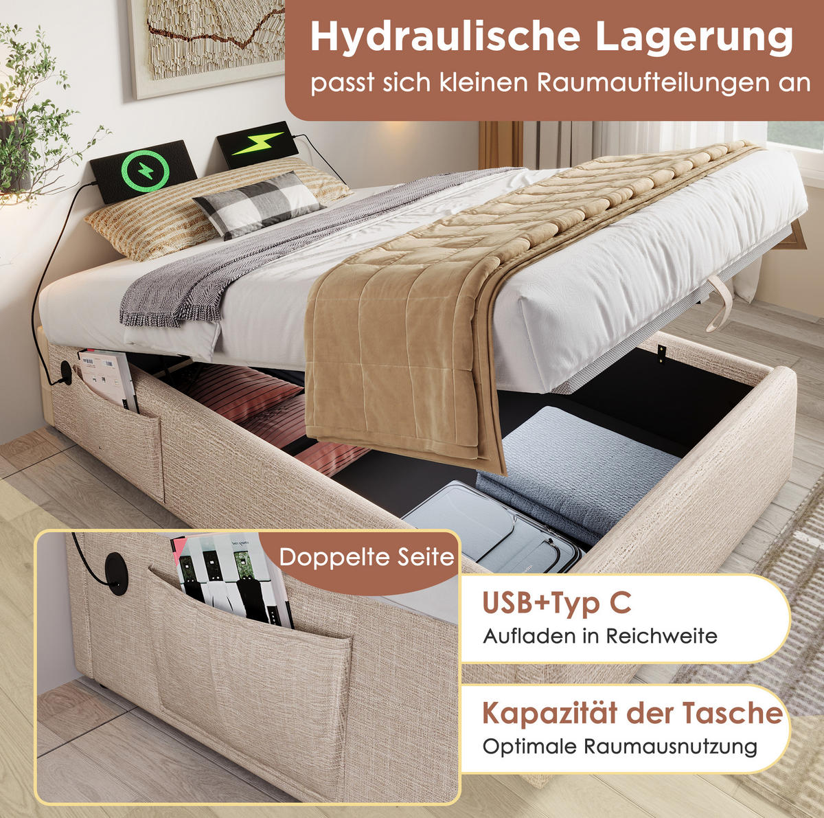 ČALOUNĚNÁ postel 160/200 cm béžová a přírodní z lnu s úložným prostorem a USB-C - béžová, kompozitní dřevo (160/200cm) - OKWISH