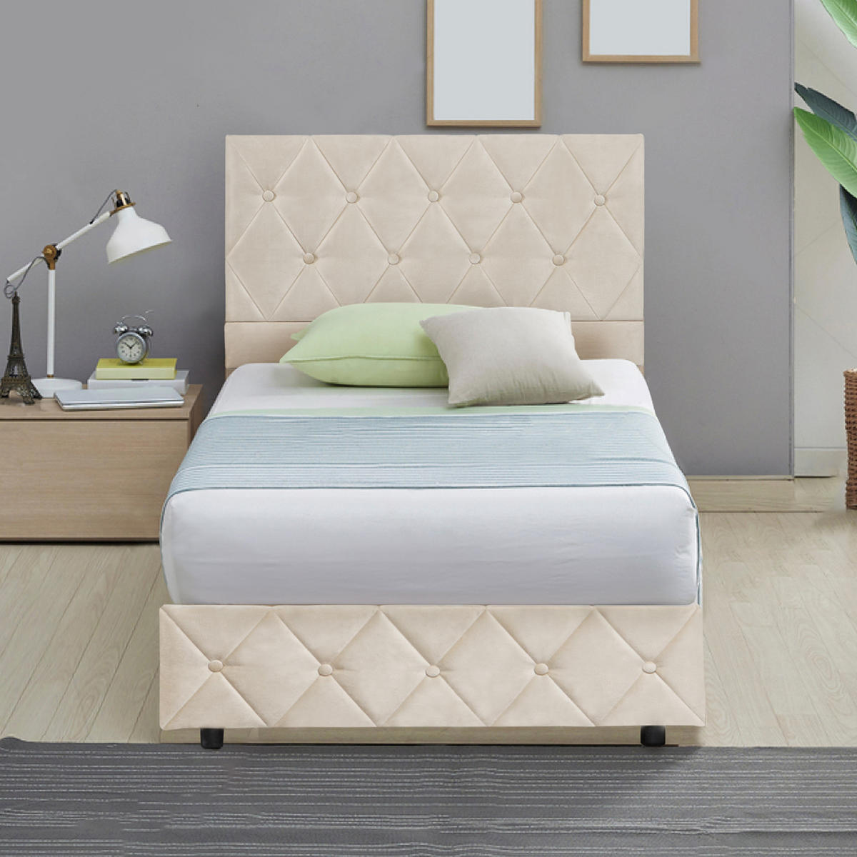 POLSTERBETT 90/200 cm Beige mit hydraulischem Stauraum aus Samt - Beige, Holzwerkstoff (90/200cm) - OKWISH