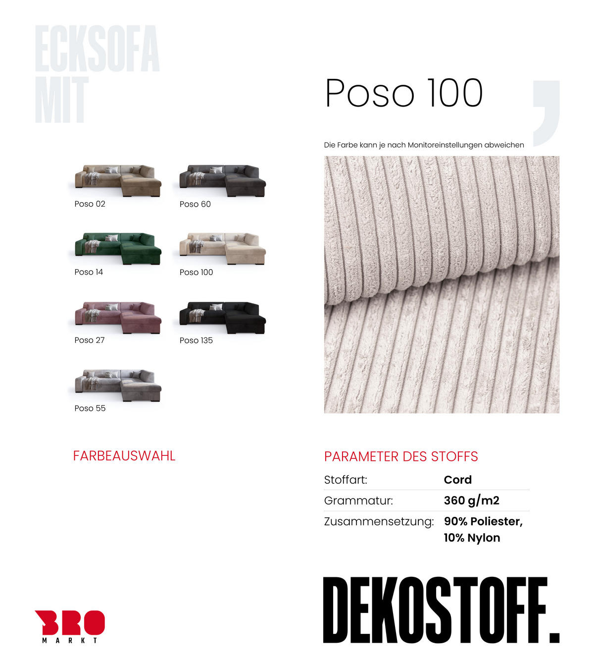 ECKSOFA mit Schlaffunktion Cordstoff MILENZO Vanille Rechts - Creme, Holz (260/175cm) - Bromarkt