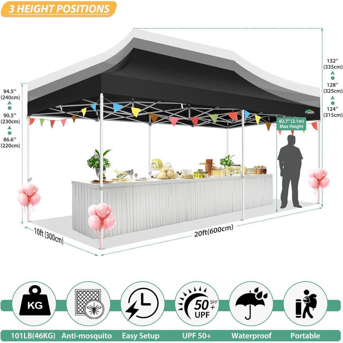 FALTPAVILLON 3x6 m mit Netzseitenwänden Schwarz - Schwarz, Textil (300/355/600cm)