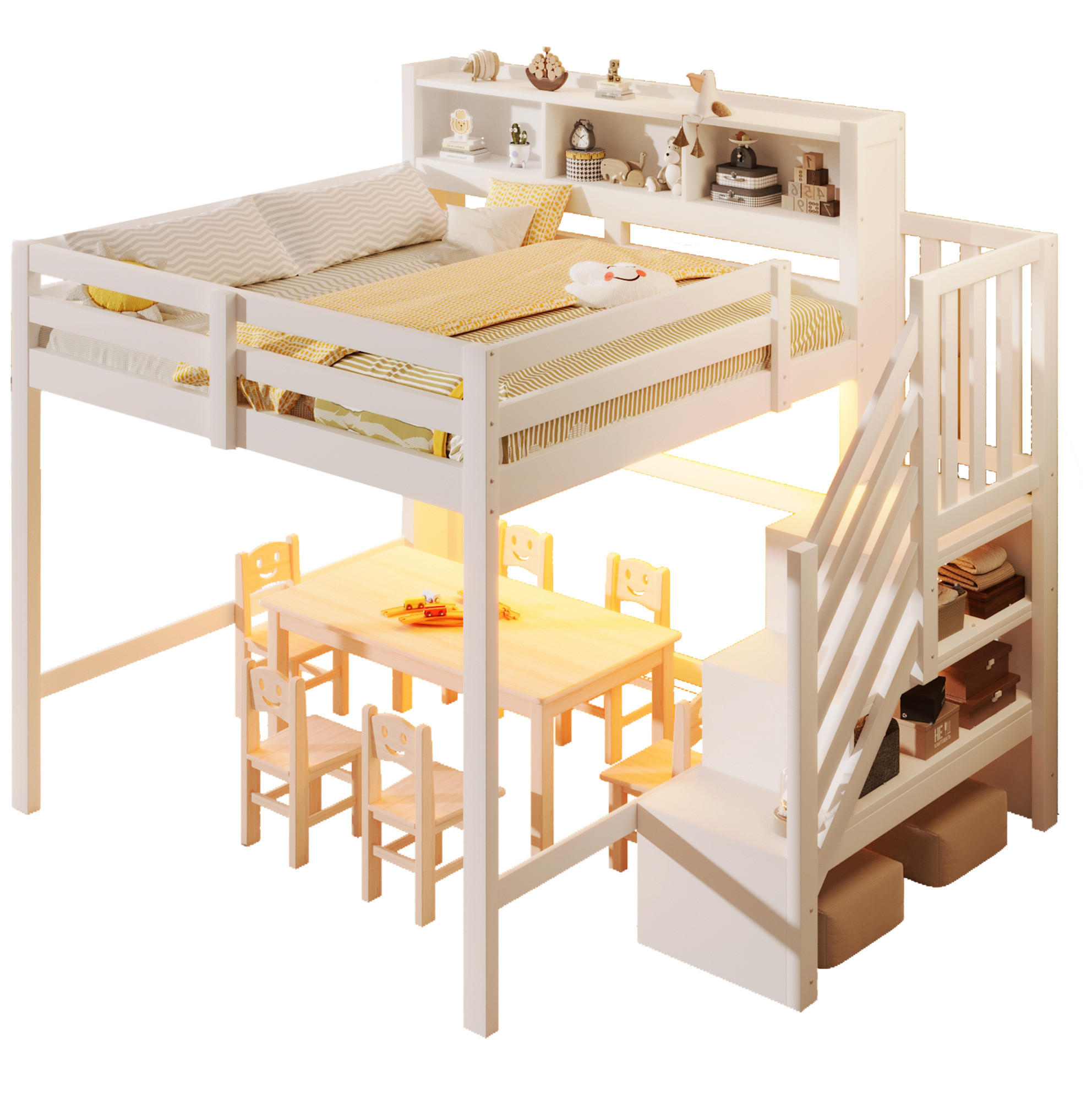 HOCHBETT 140/200 cm mit LED-Beleuchtung, Stauraumtreppe und offenem Staufach, Weiß - Weiß, Holz (140/200cm) - Redom