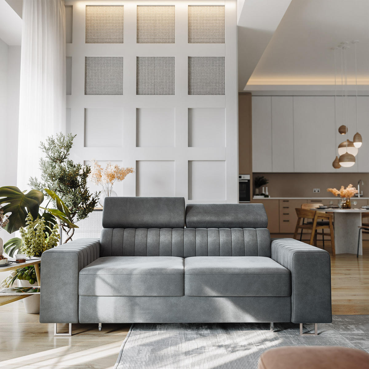 BETTSOFA SOLAN Grau Velours-Stoff mit Schlaffunktion - Grau, Holz/Textil (194/88/90cm) - MASSENO