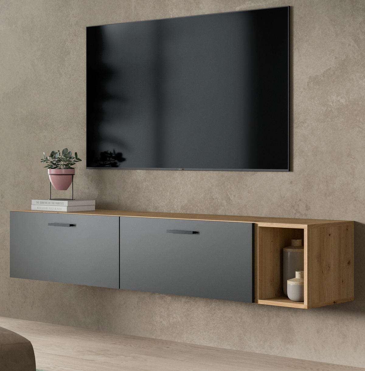TV-LOWBOARD grau, Eiche Artisan 176 cm, TV Unterteil hängend / stehend - Schwarz/Eiche Artisan, Holzwerkstoff/Kunststoff (176/32/34cm) - Inn.Furn