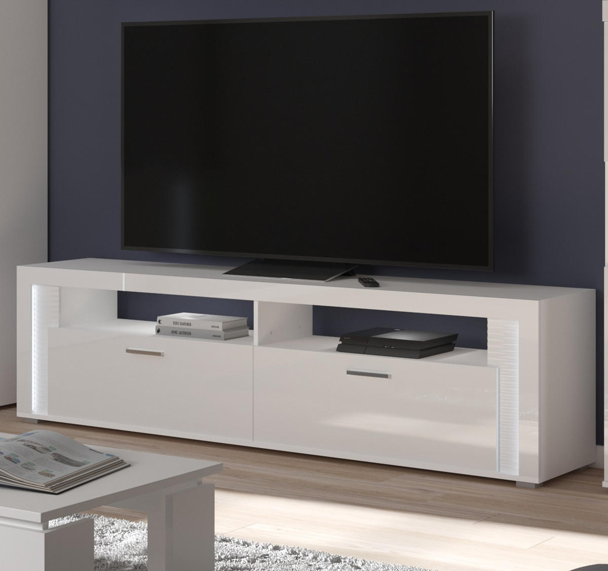 TV-LOWBOARD weiß Hochglanz, Flat-TV Board 200 cm, inkl. Beleuchtung - Weiß Hochglanz/Silberfarben, Holzwerkstoff/Kunststoff (204/58/46cm) - Inn.Furn
