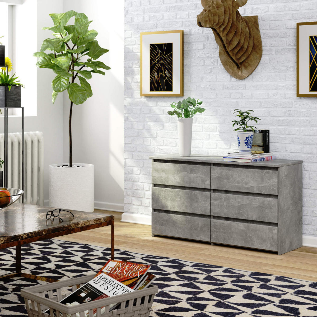 KOMMODE CL100 6 Schubladen, Beton, 35x100x57 cm - Graphitfarben, Holz (100/57/35cm) - Milordbikes