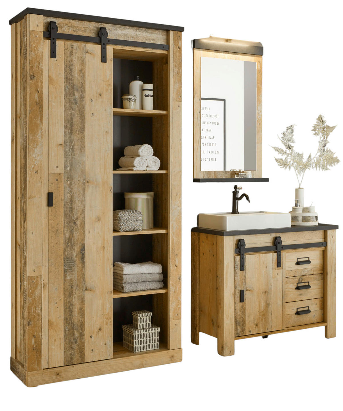 BADMÖBEL-SET 5-teilig, Used Wood hell, anthrazit, Badkombination mit Waschbecken LED Spiegellampe - Eichefarben/Anthrazit, Holzwerkstoff/Metall (208/210/43cm) - Furn.Design