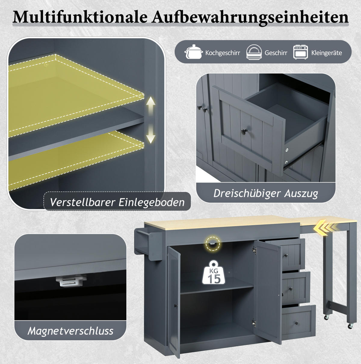 KÜCHENINSEL mit ausziehbarer Arbeitsplatte 112-186,8 x 45 x 93 cm MDF Grau - Grau, Holz (45/93/130cm) - Beauniv