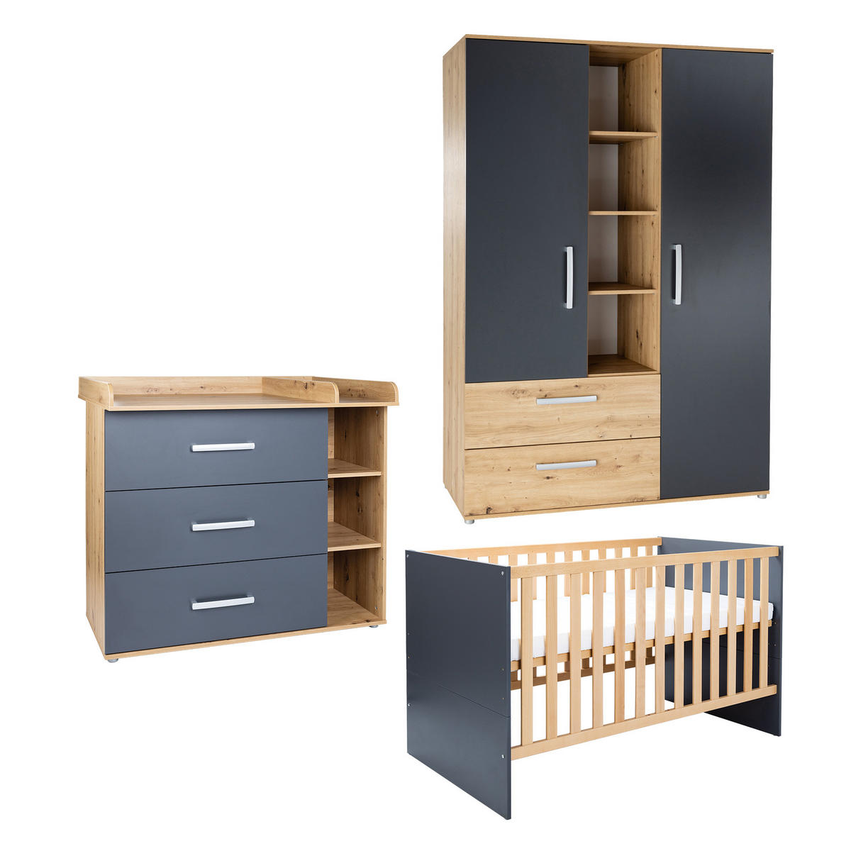 BABYZIMMER SET Alessio 3-tlg. - Anthrazit/Silberfarben, Holzwerkstoff/Kunststoff (1/1/1cm) - arthur berndt