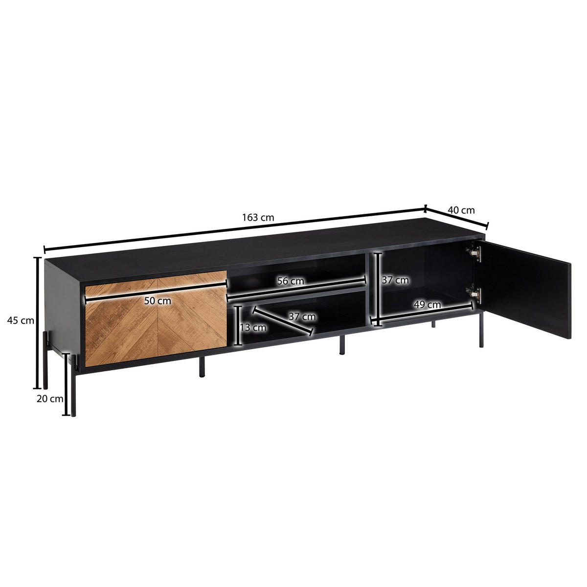 LOWBOARD Modern Stil mit V-Muster für 70-Zoll Fernseher - Schwarz, Holz/Metall (163/45/40cm) - KADIMA DESIGN