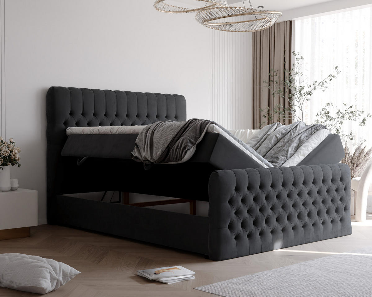 BOXBETT ALBA PLUS 140/200 cm mit Matratze und Topper, Schwarz - Schwarz, Textil (140/200cm) - Idohome
