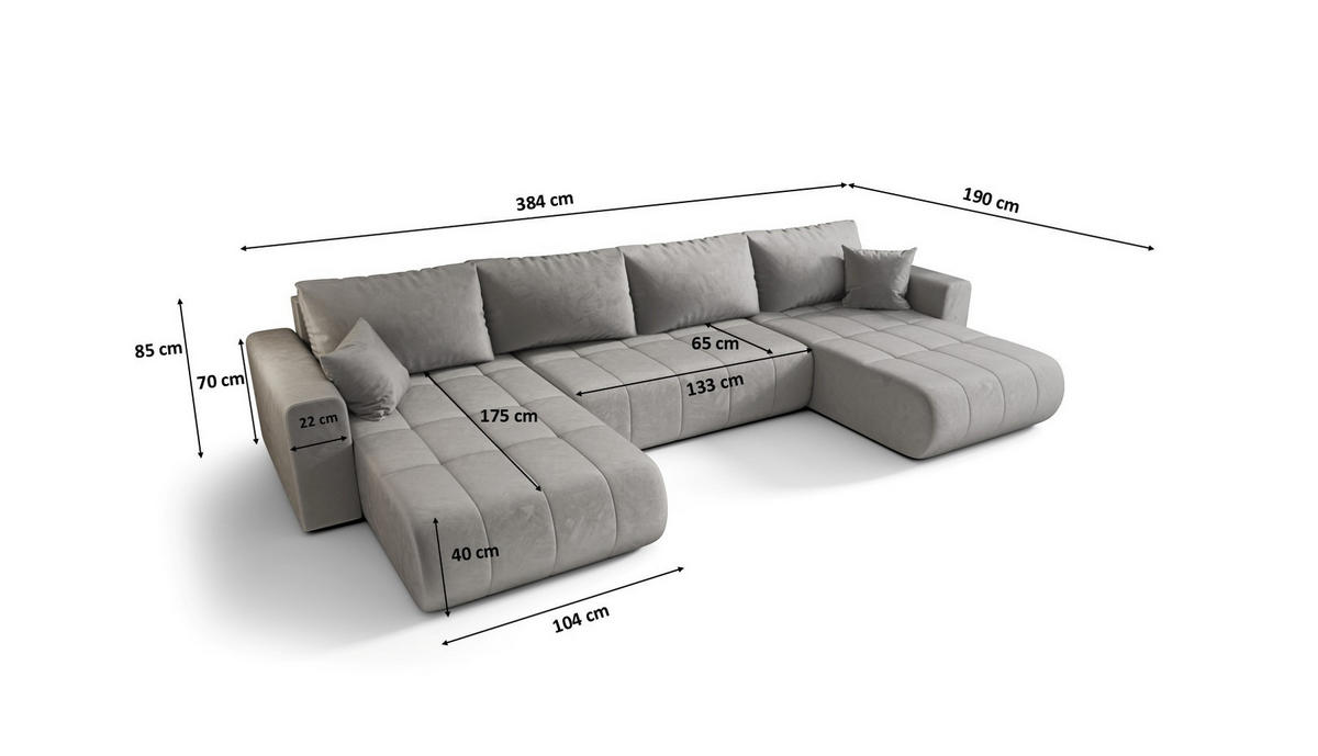 ECKSOFA mit schlaffunktion und bettkasten MILO U, stoff MONOLITH, Hellgrau - Hellgrau, Holz (384/190cm) - Kaiser Möbel