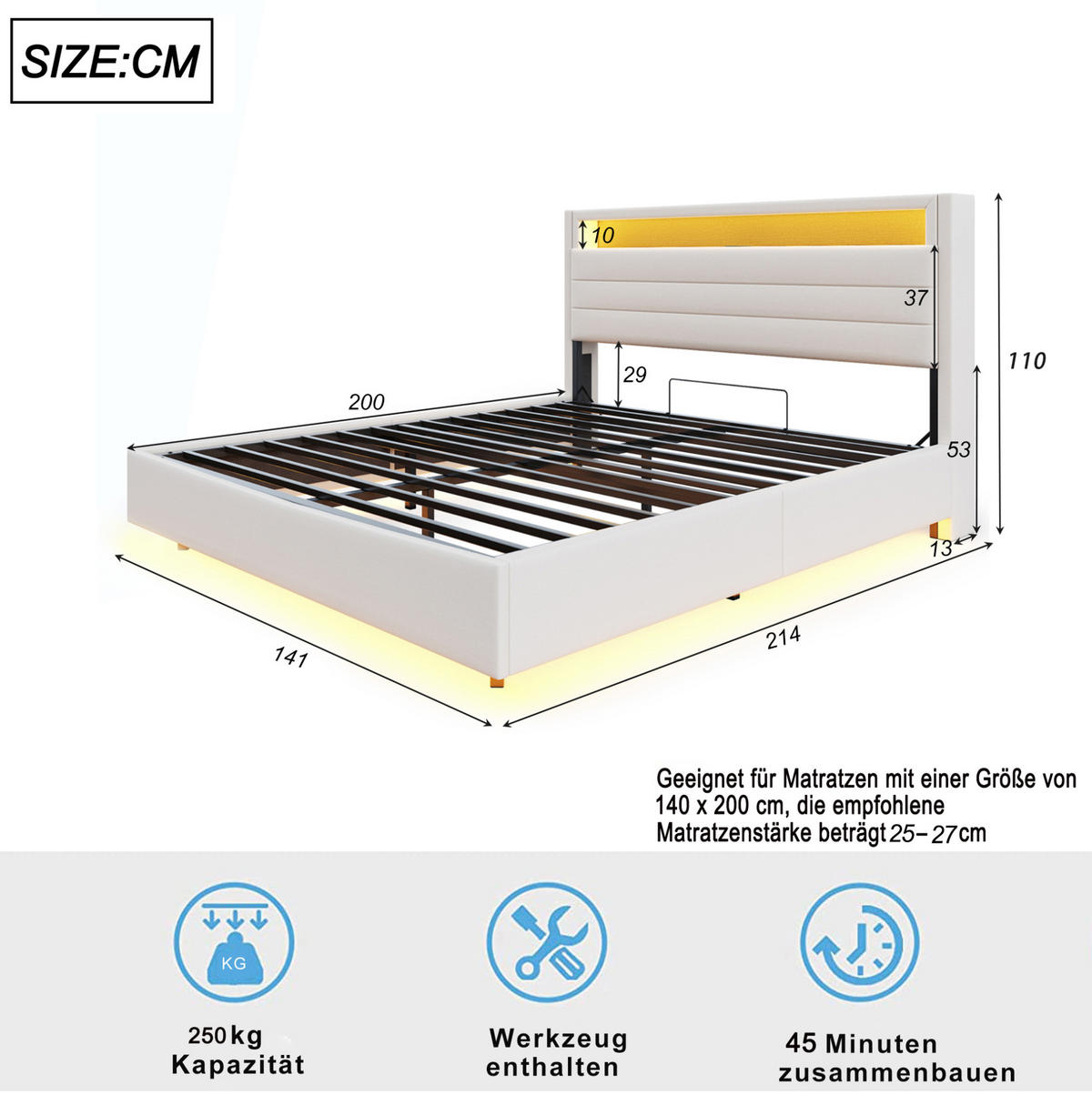 POLSTERBETT 140/200 cm Beige mit hydraulischem Stauraum und LED-Beleuchtung - Beige, Textil (140/200cm) - OKWISH