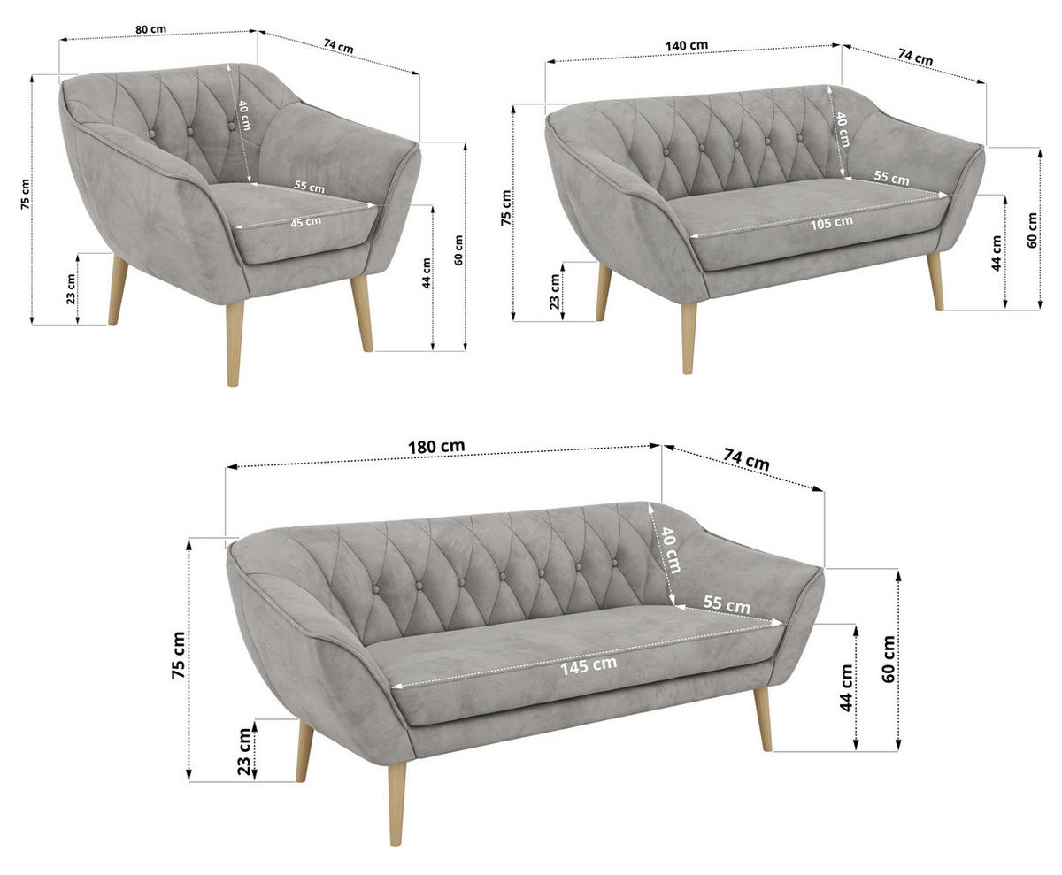 SEDACÍ SOUPRAVA 3+2+1 PIRS - Světle šedá Samet - Dřevěné nohy - světle šedá/barva buku, kompozitní dřevo/textil (180/75/74cm) - MKS