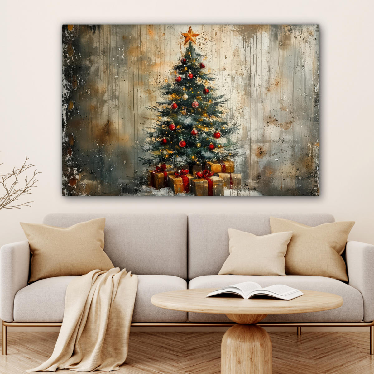 LEINWANDBILD Weihnachtsbaum - Vintage - Weihnachten - Geschenk Wohnzimmer Groß 120x80 cm - Rostfarben, Textil (120/80cm) - MuchoWow