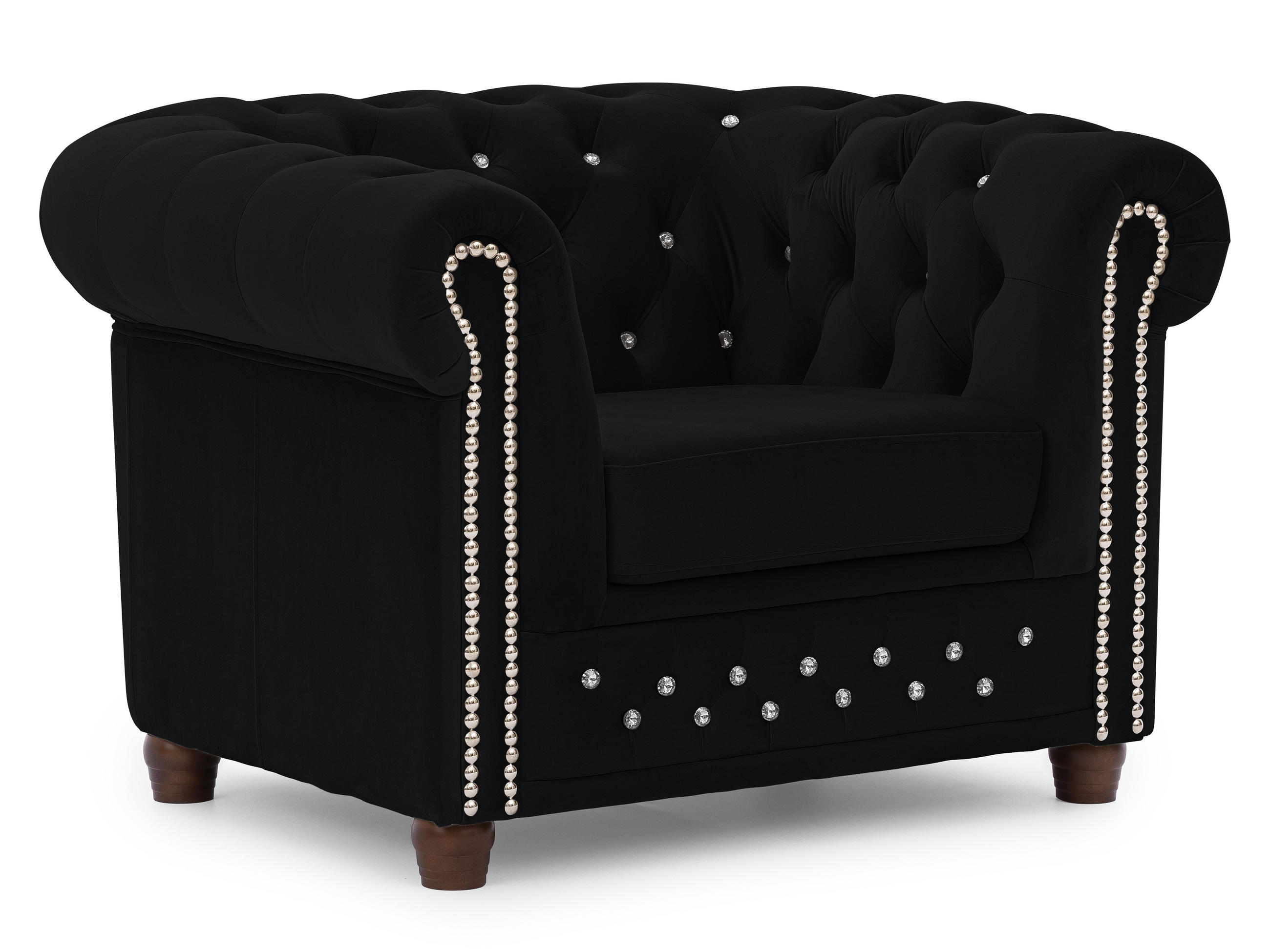 CHESTERFIELD-SESSEL Cleo Blink Schwarz Samt mit Kristallsteppung und braunen Massivholzfüßen - Beige/Schwarz, Holz/Textil (104/72/86cm) - S-Style Möbel