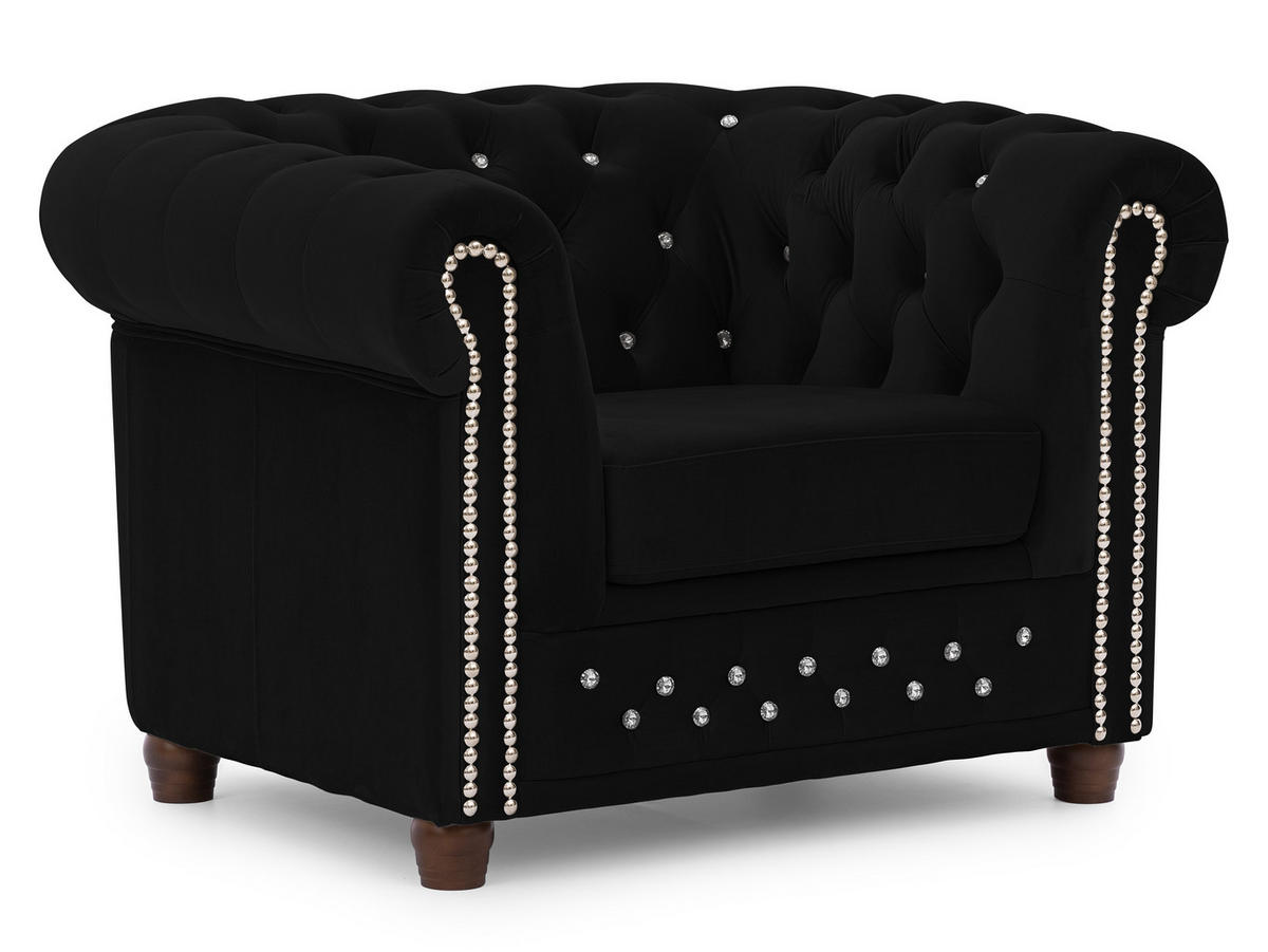 CHESTERFIELD-SESSEL Cleo Blink Schwarz Samt mit Kristallsteppung und braunen Massivholzfüßen - Beige/Schwarz, Holz/Textil (104/72/86cm) - S-Style Möbel