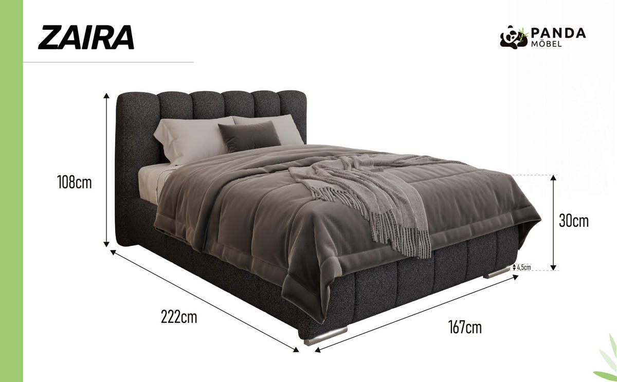POLSTERBETT Zaira 140x200cm – Elegantes Polsterbett für modernen Wohnstil , Federkernmatratze Bonnel (18cm), Graphitfarben - Graphitfarben, Holz (140/200cm) - Panda Möbel