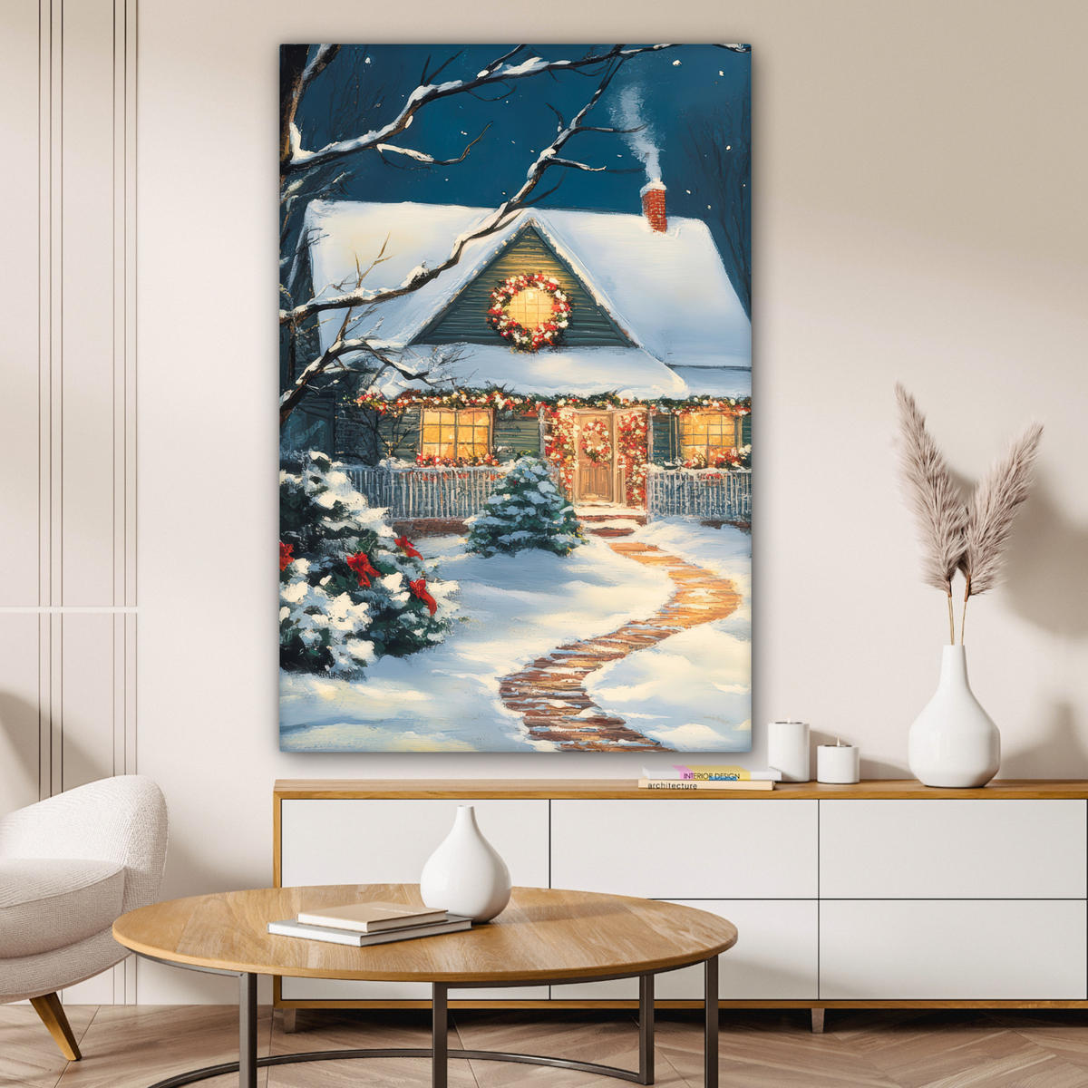 LEINWANDBILD Weihnachten - Weihnachtsbaum - Winter - Zuhause - Schnee Deko XXL 80x120 cm - Smaragdgrün, Textil (80/120cm) - MuchoWow