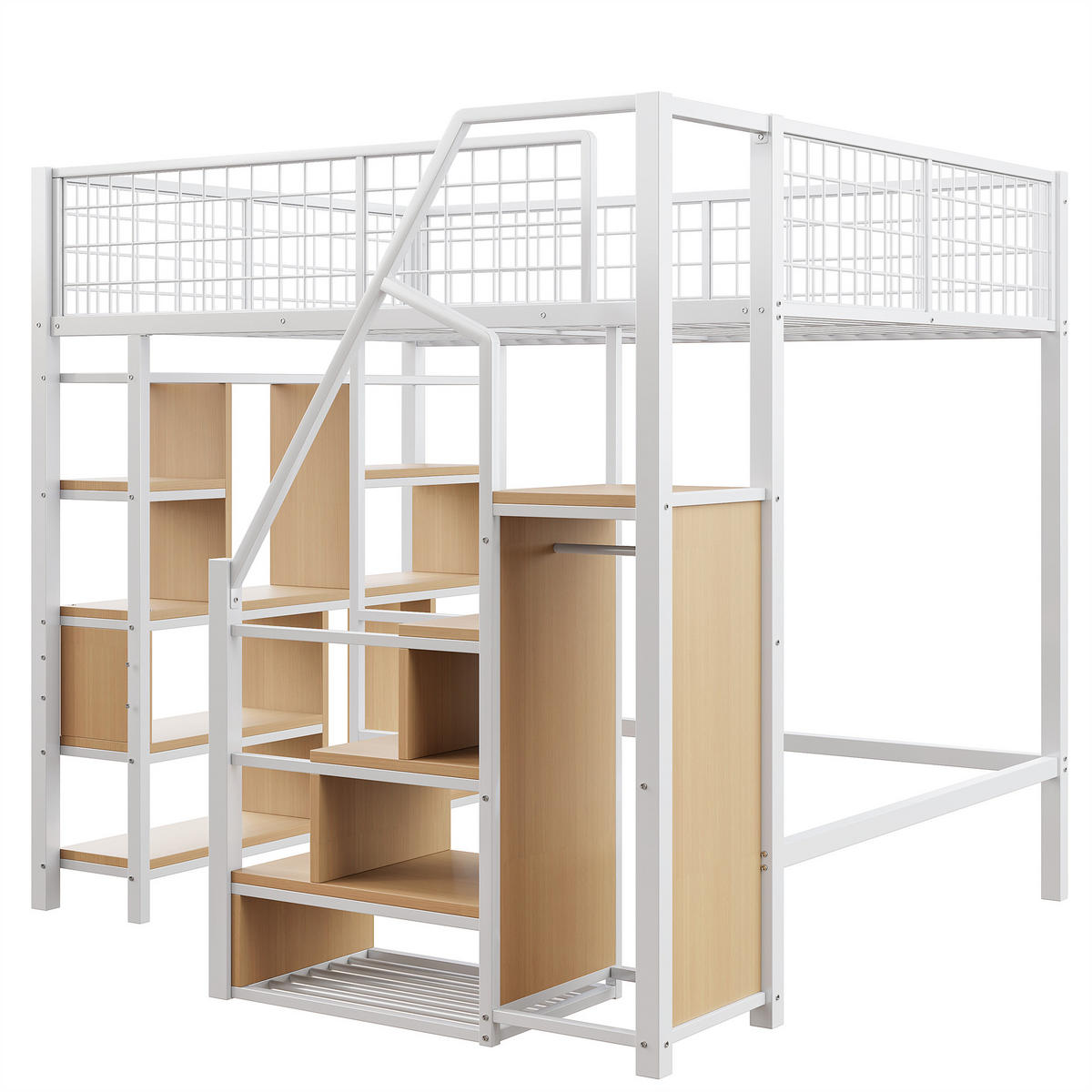 HOCHBETT 140/200 cm weiß Metallbett mit Stauraumtreppe und Ablageflächen - Weiß, Metall (140/200cm) - OKWISH