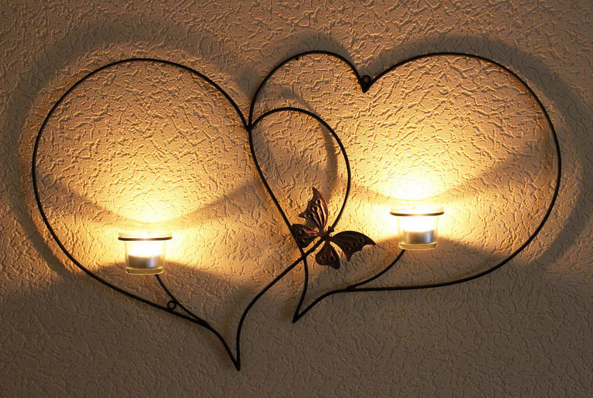 WANDTEELICHTHALTER DOPPELHERZ 65 cm aus Metall - Schwarz, Metall (40cm) - DanDiBo