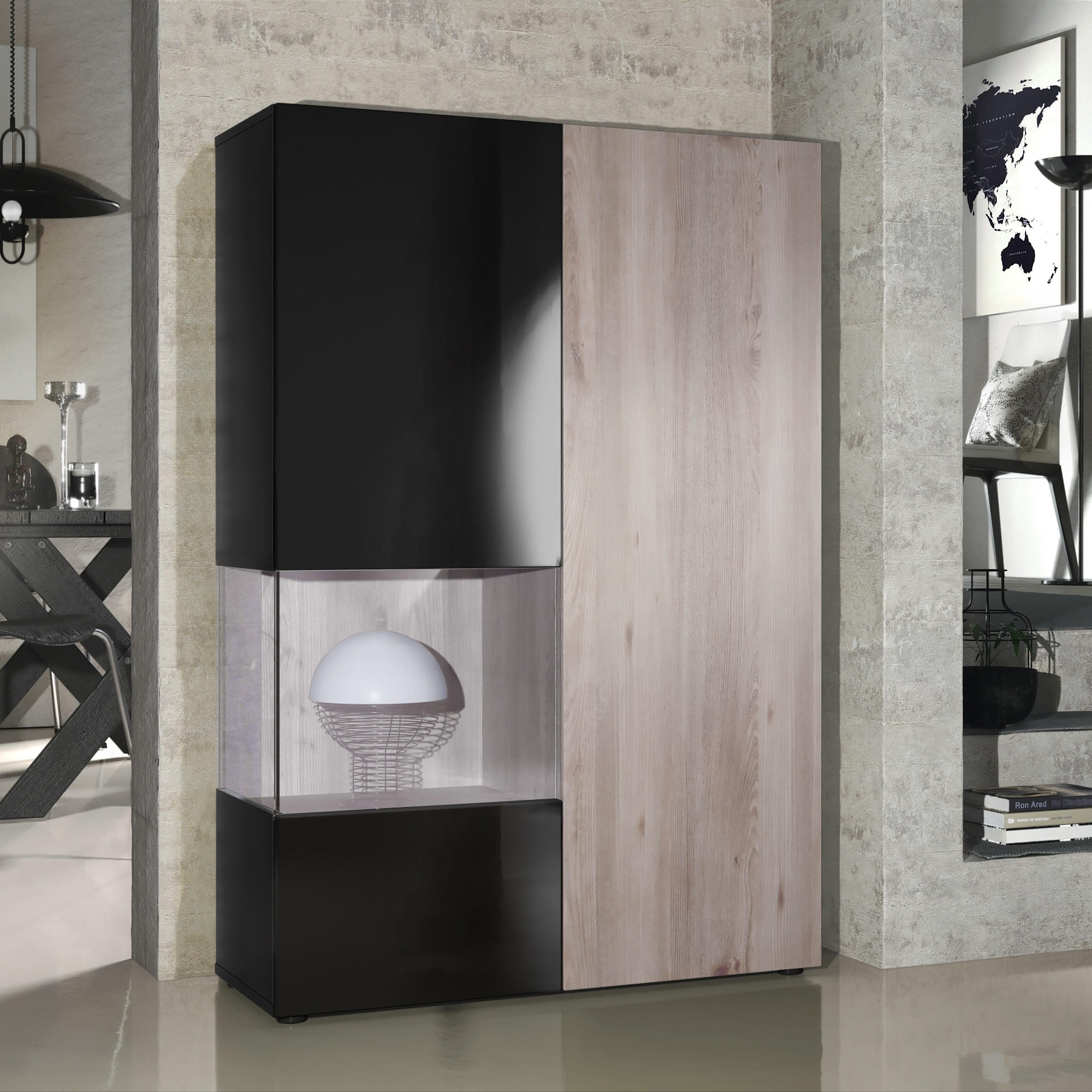 VITRINE Morena Tür und Einsatz in Eiche Nordic - Silbereichenfarben, Holzwerkstoff (91.5/136.5/37cm) - Vladon