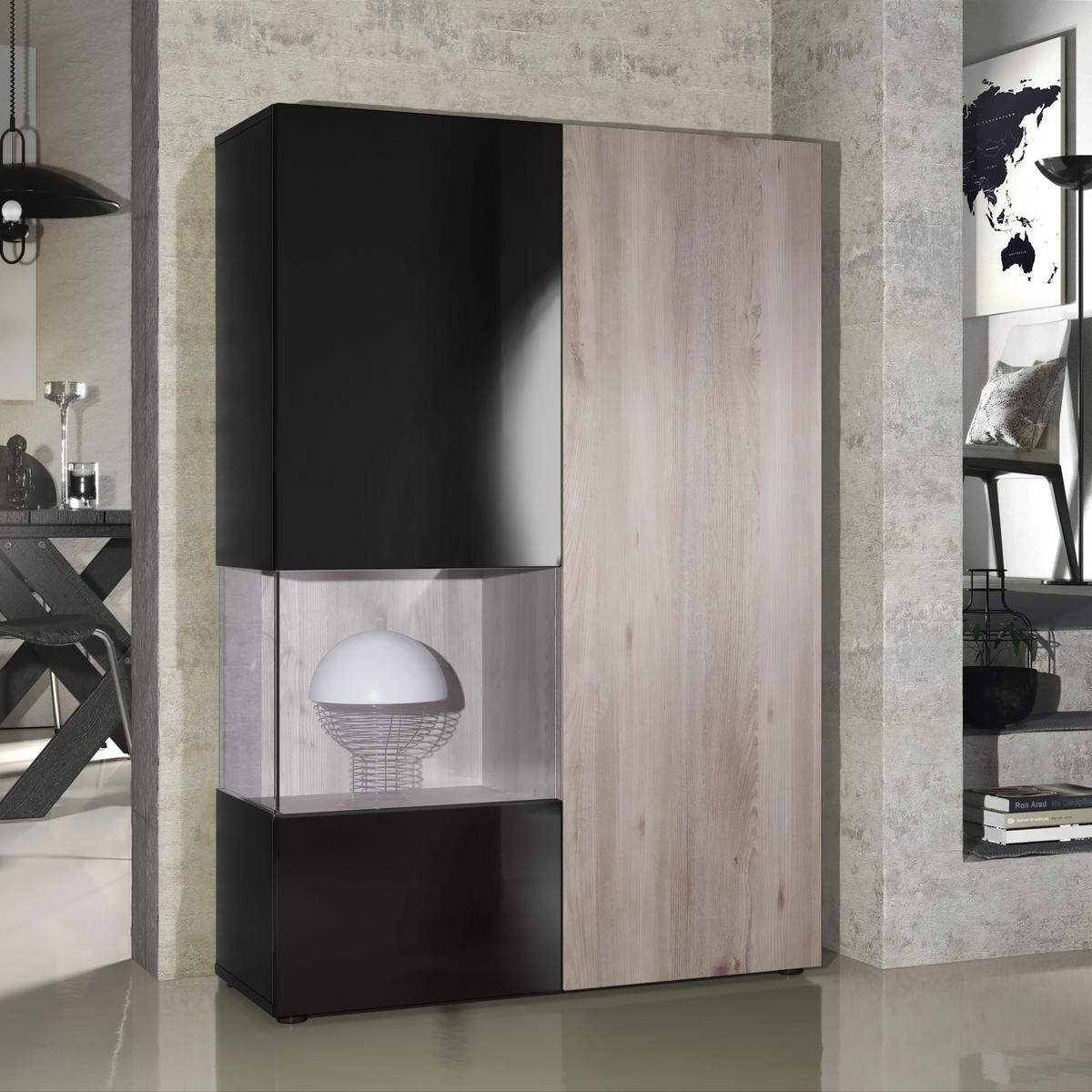 VITRINE Morena Tür und Einsatz in Eiche Nordic - Silbereichenfarben, Holzwerkstoff (91.5/136.5/37cm) - Vladon