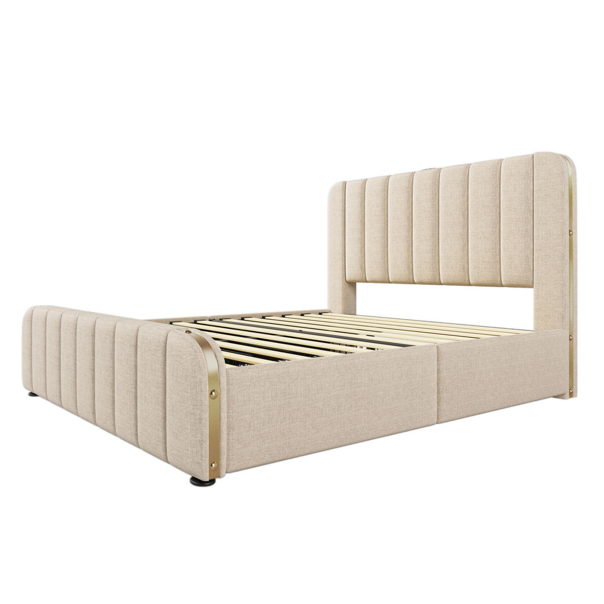 BETT mit 4 Schubladen und USB 140x200 cm Leinen Beige - Beige, Metall (140/200cm) - Meubliv