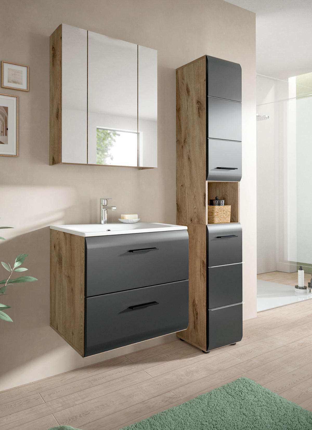 BADMÖBEL-SET 3-teilig Schwarz matt, Eiche Nox, Badezimmer Komplett-Set mit Waschbecken, 105 x 185 cm - Eichefarben/Schwarz, Glas/Keramik (105/185/46cm) - Inn.Furn