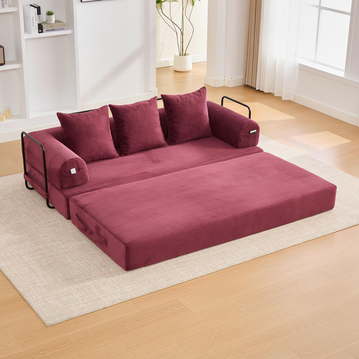 SCHLAFSOFA 200/94/67 cm Weinrot mit Seitentaschen plus und 3 Kissen - Weinrot, Textil (200/67/94cm) - Oxeza