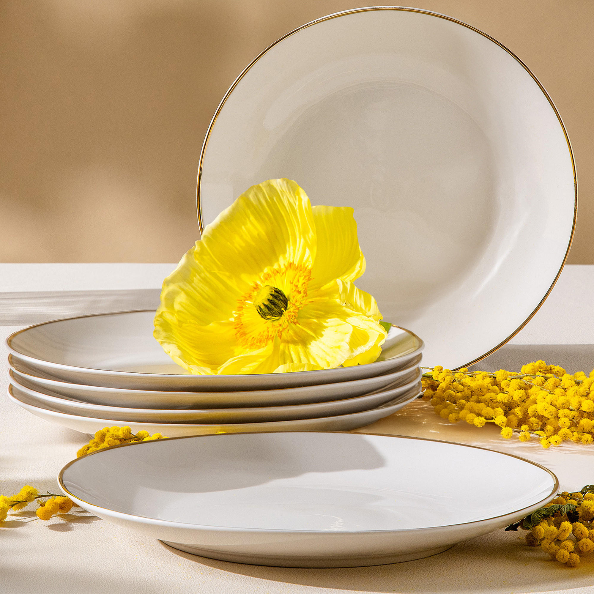DESSERTTELLER-SET AD BELLA, 6-tlg - Ecru/Goldfarben, Keramik (20cm) - KONSIMO®