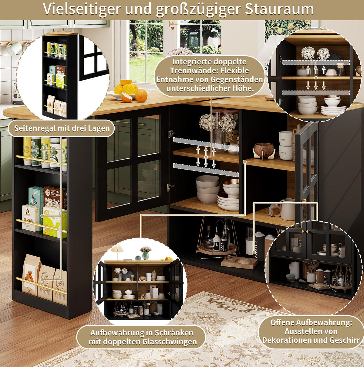 SIDEBOARD 138-204/39/102,5 cm Schwarz aus MDF mit Glas - Schwarz, Holzwerkstoff (39/102.5/138cm) - OKWISH