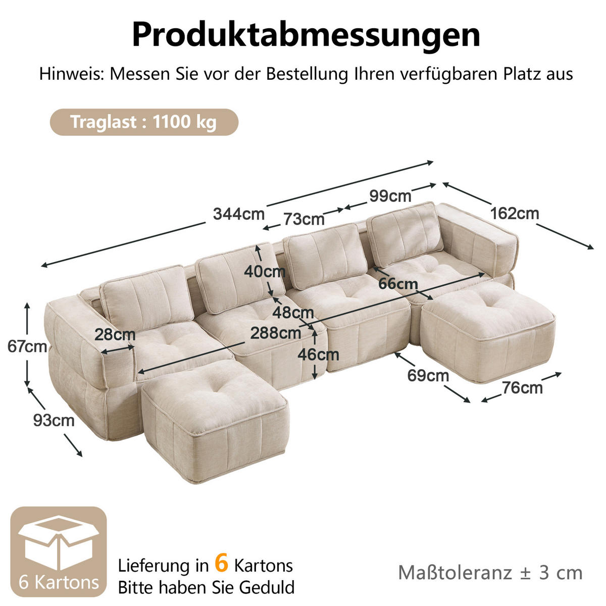 WOHNLANDSCHAFT 344/162/67 cm in Beige aus Polyester mit Hockern - Beige, Kunststoff (162/67/344cm) - Flora Grace