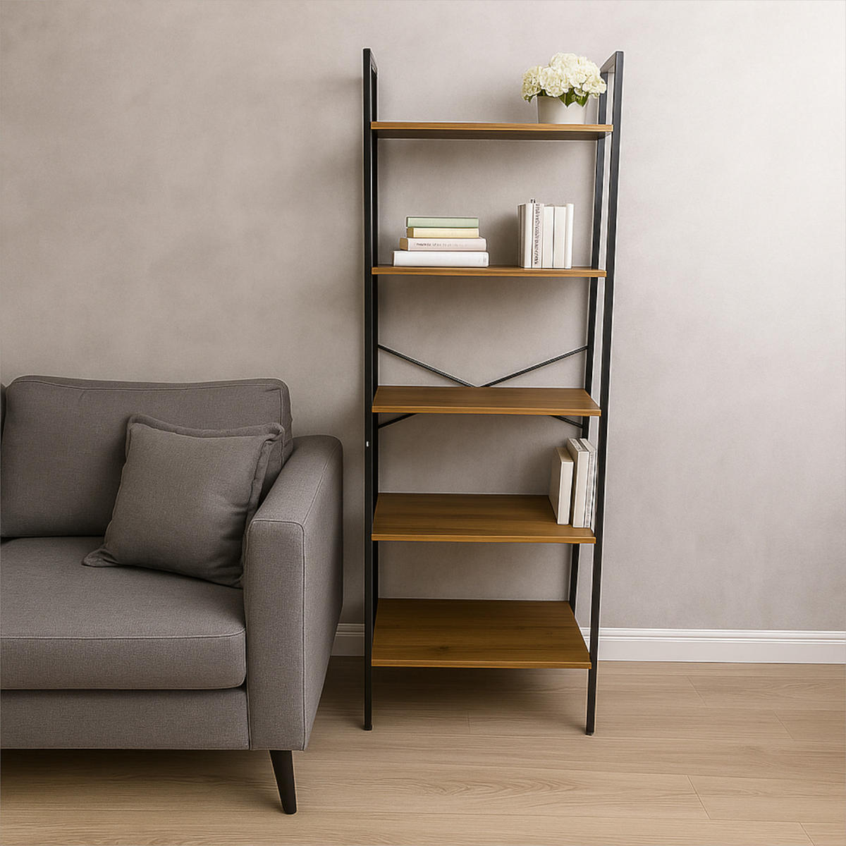 STANDREGAL Holzoptik Metall Erlefarben Schwarz 5 Ablagen 172×56×34 cm - Erlefarben/Schwarz, Holzwerkstoff/Metall (56/172/34cm) - Begryf