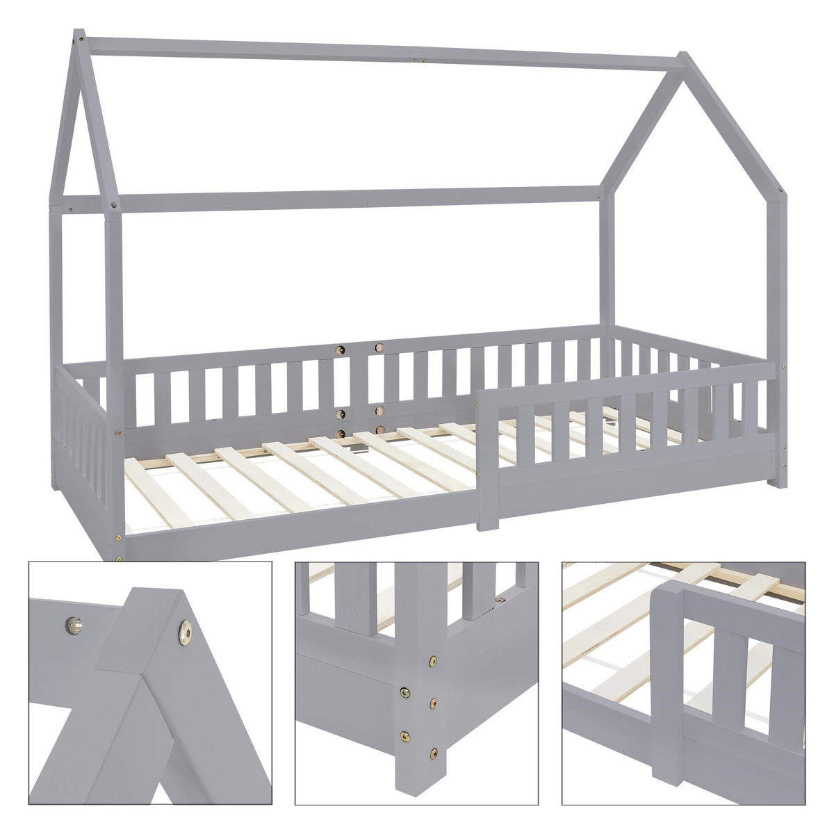 KINDERBETT mit Dach 90x200 cm Hellgrau - Hellgrau, Holz (90/200cm) - ML-DESIGN
