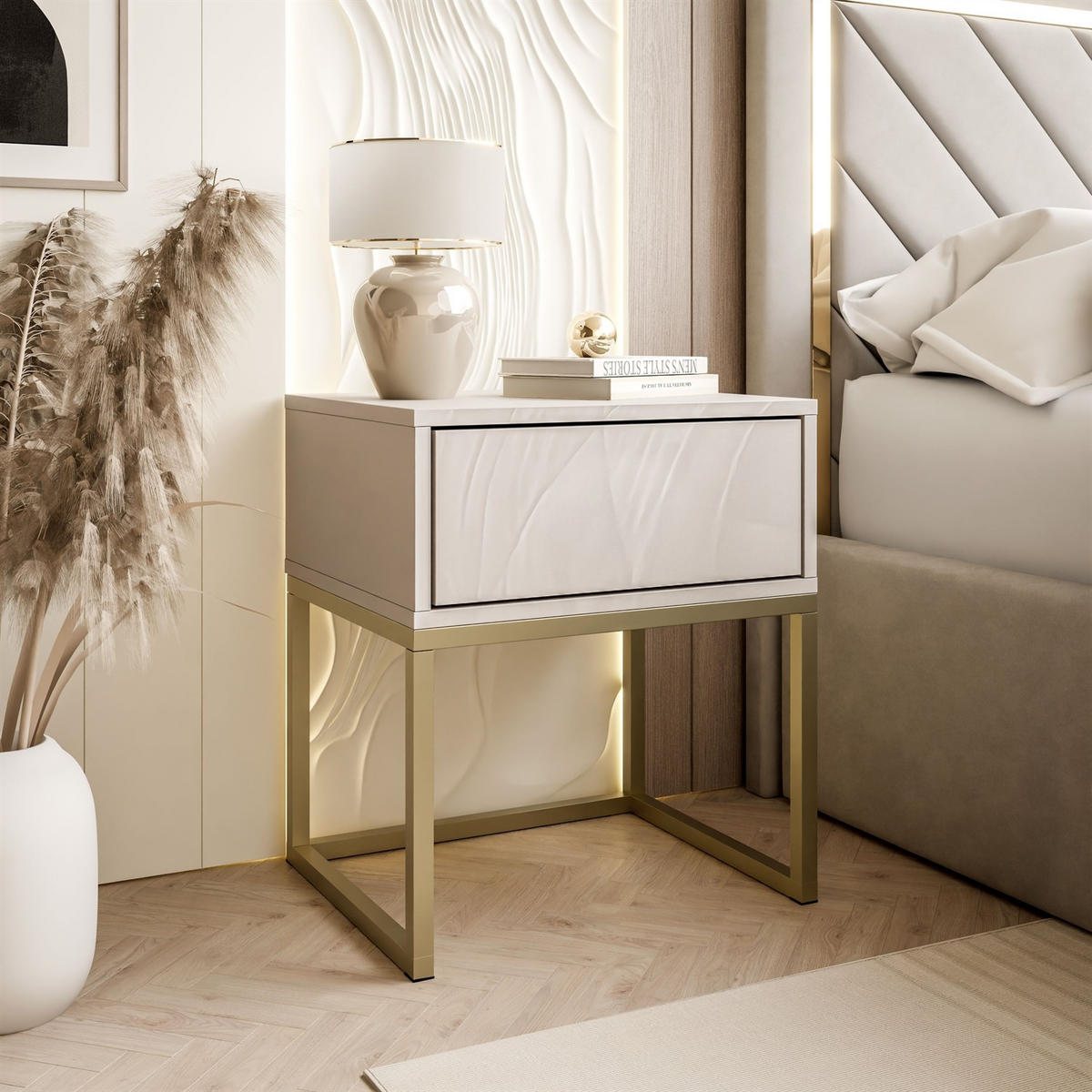 NACHTTISCH BLANCO KASZMIR auf Gestell PUSH OPEN kaschmir/gold - Goldfarben, Holzwerkstoff (45/52/37cm) - Lookway