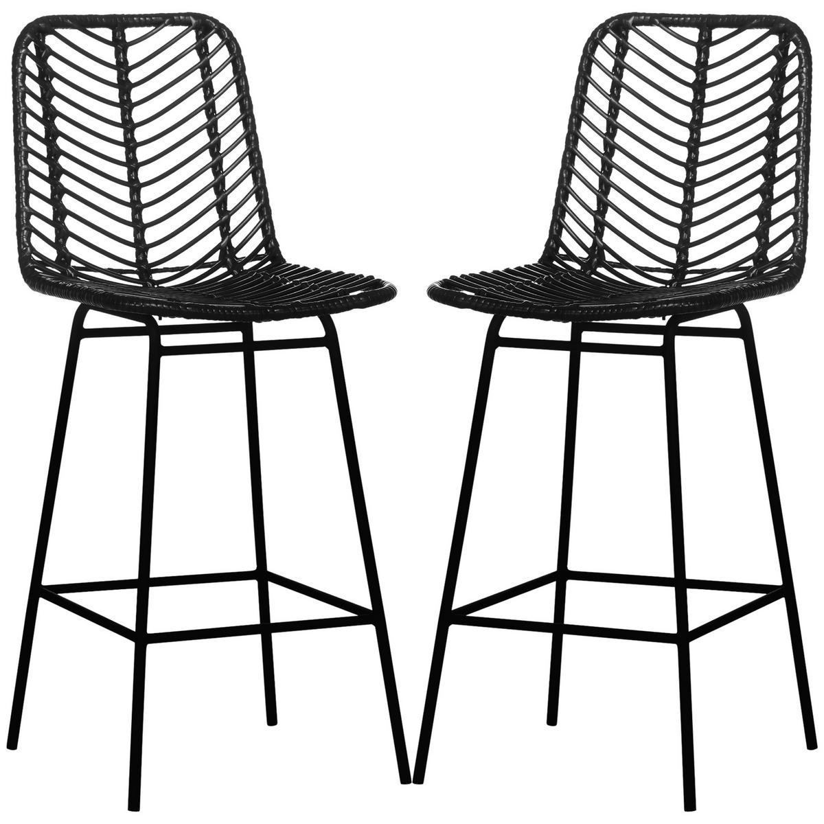 BARHOCKER 2er-Set DE-14714 Boho-Design mit PE-Rattan & Fußstütze Schwarz - Schwarz, Metall (52/102/42.5cm) - ComfortXL