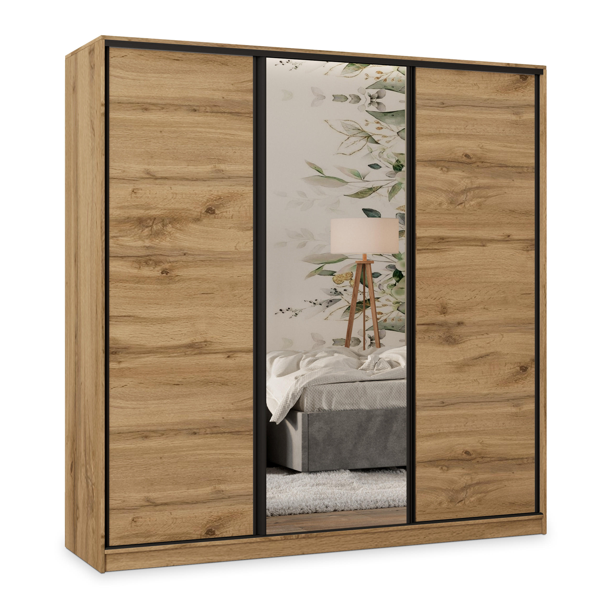 Masseno Schwebetürenschrank Eiche Wotan, Schwarz 180x205x58 cm