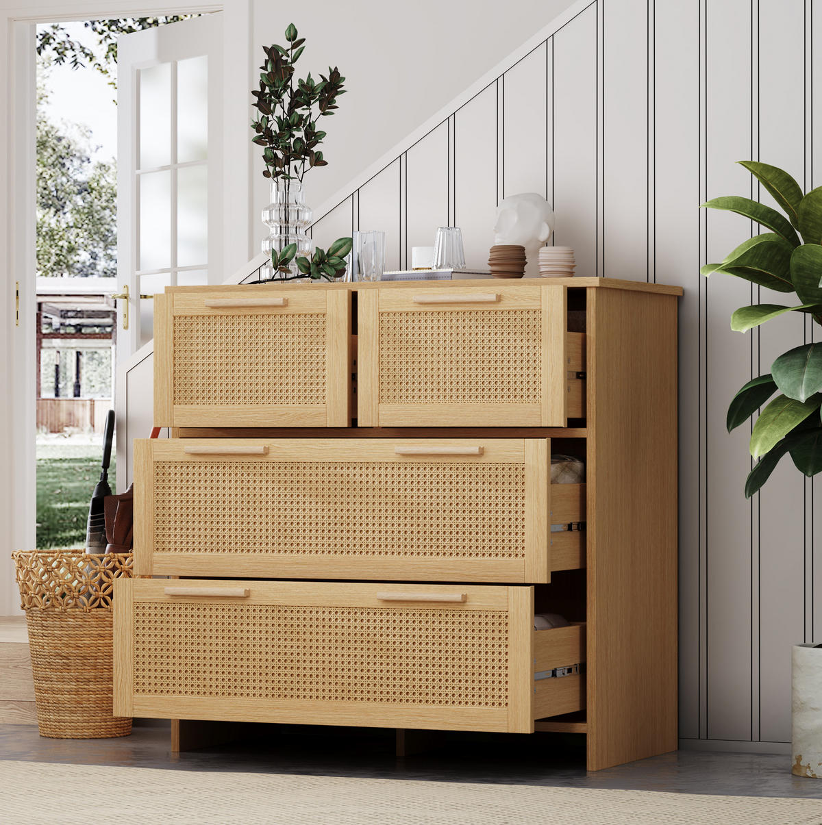 KOMODA s ladicama u izgledu ratana, 80/80/38 cm, MDF, prirodna boja - prirodne boje, drvni materijal (38/80/80cm) - Modenvie