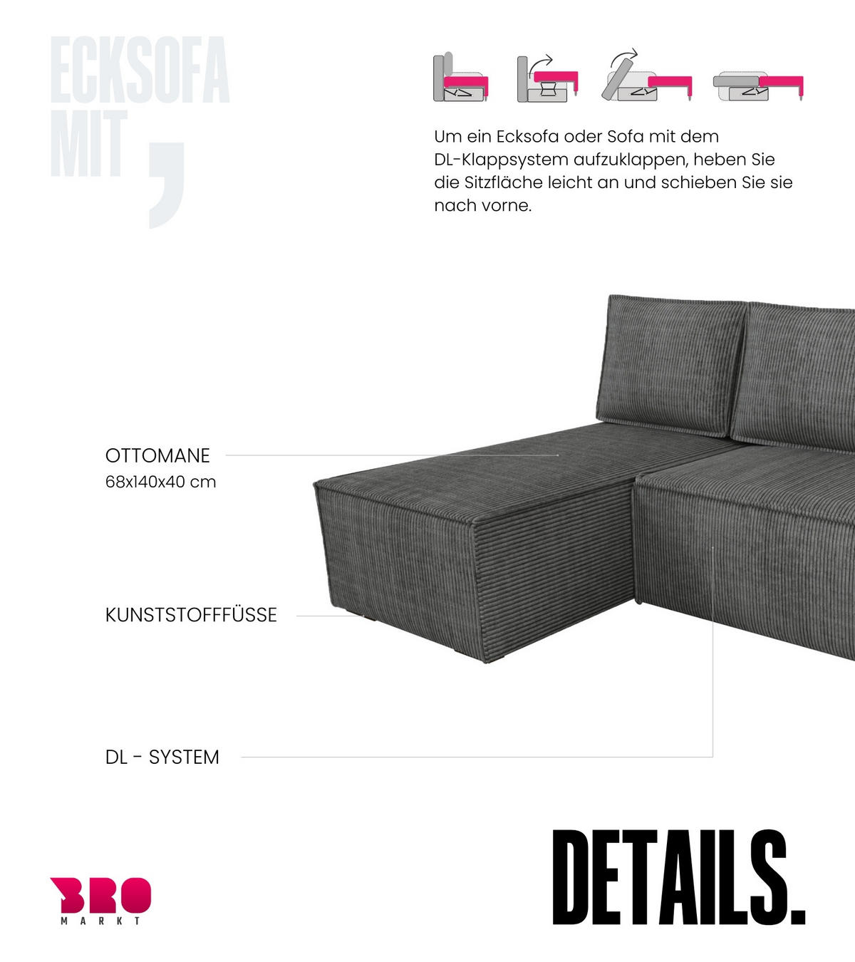 ECKSOFA Hector mit Schlaffunktion Grau Cord - Grau, Textil (200/141cm) - Bromarkt