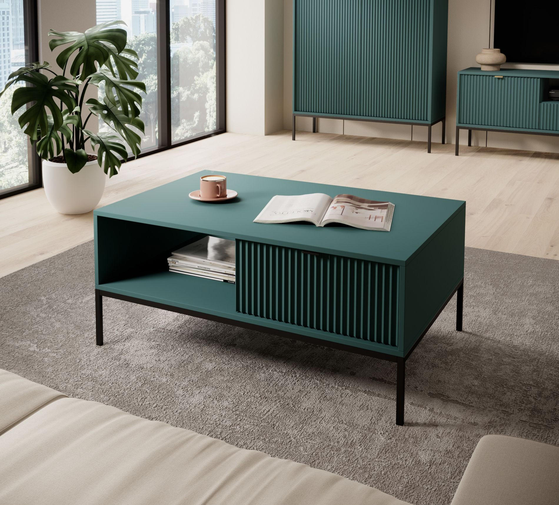 Thumbnail - Selsey Wohnzimmertisch, Grün, Holzwerkstoff, 1 Fächer, 2 Schubladen, Rechteckig, 104x46x68 cm, Wohnzimmer, Wohnzimmertis...