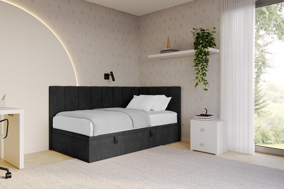 EINZELBETT Jugendbett mit Bettkasten Links, ohne Matratze - LOVY 80x200 Schwarz - Schwarz, Holzwerkstoff/Textil (80/200cm) - ALTDECOR