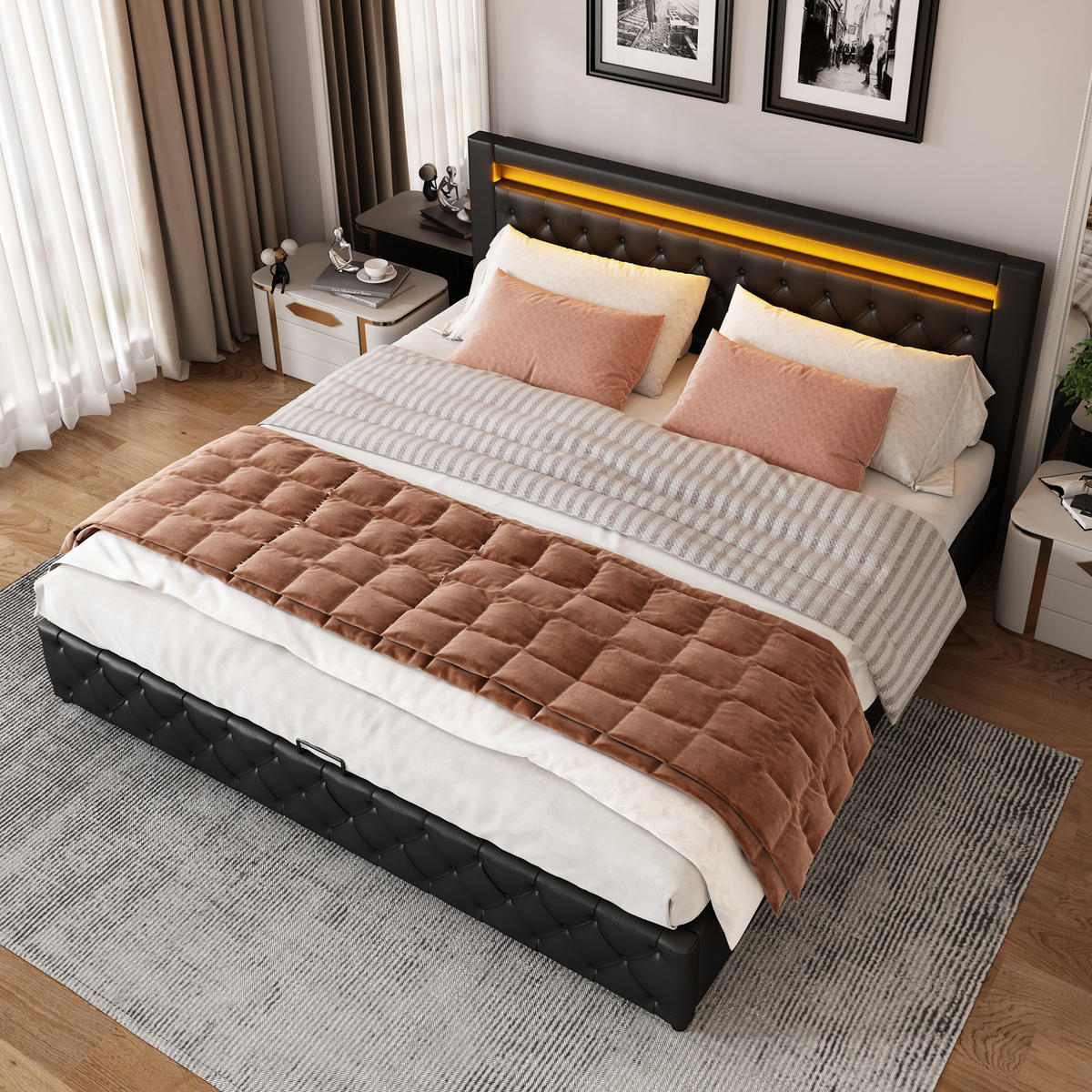 POLSTERBETT 140/190 cm Schwarz mit Stauraum und LED-Beleuchtung aus PU - Schwarz, Kunststoff (140/190cm) - OKWISH