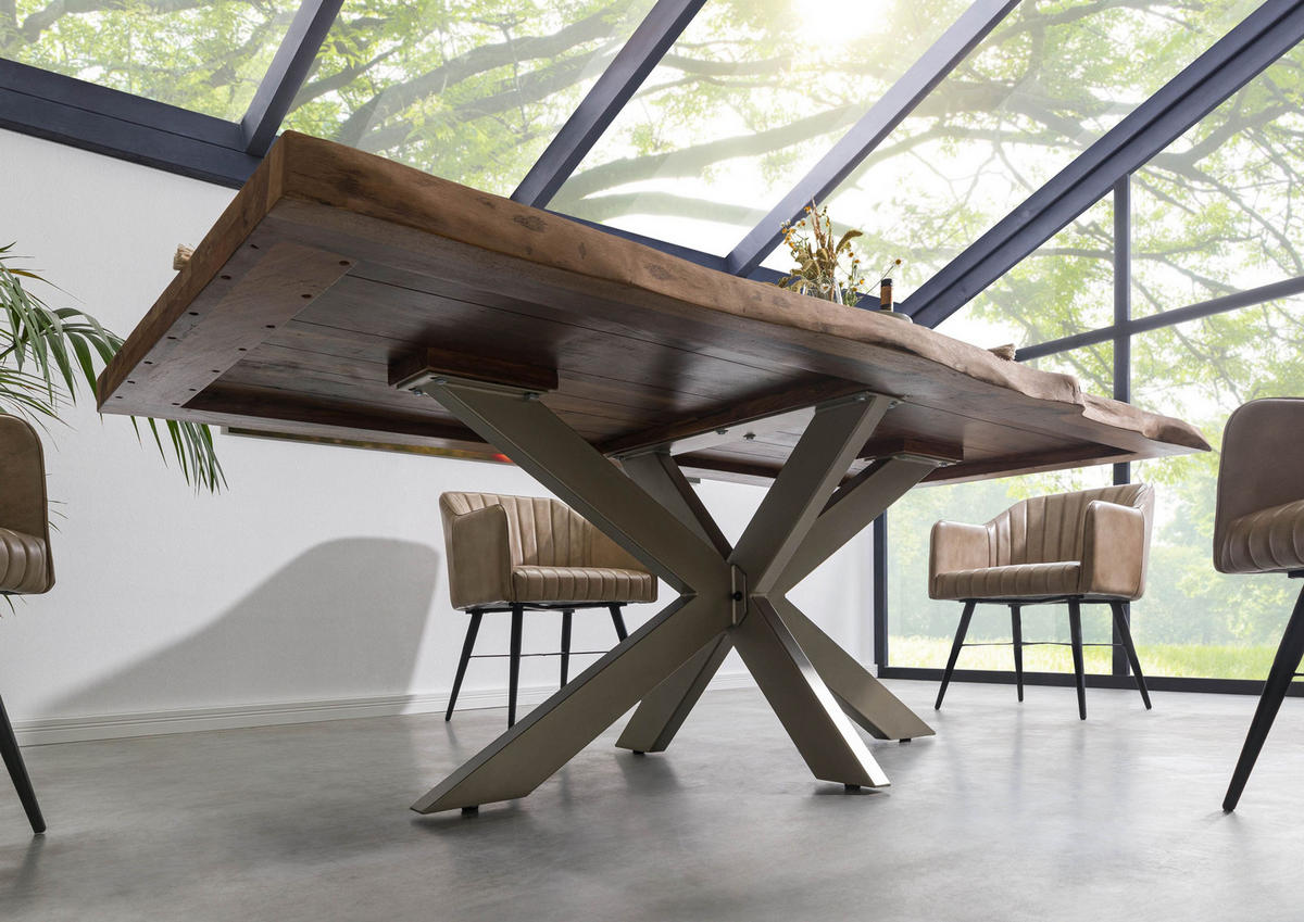 BAUMTISCH Sheesham 260x100x77 grau gebeizt / Kreuzgestell silber matt FREEFORM 5 - Silberfarben/Grau, Holz (260/100/77cm) - Massivmoebel24