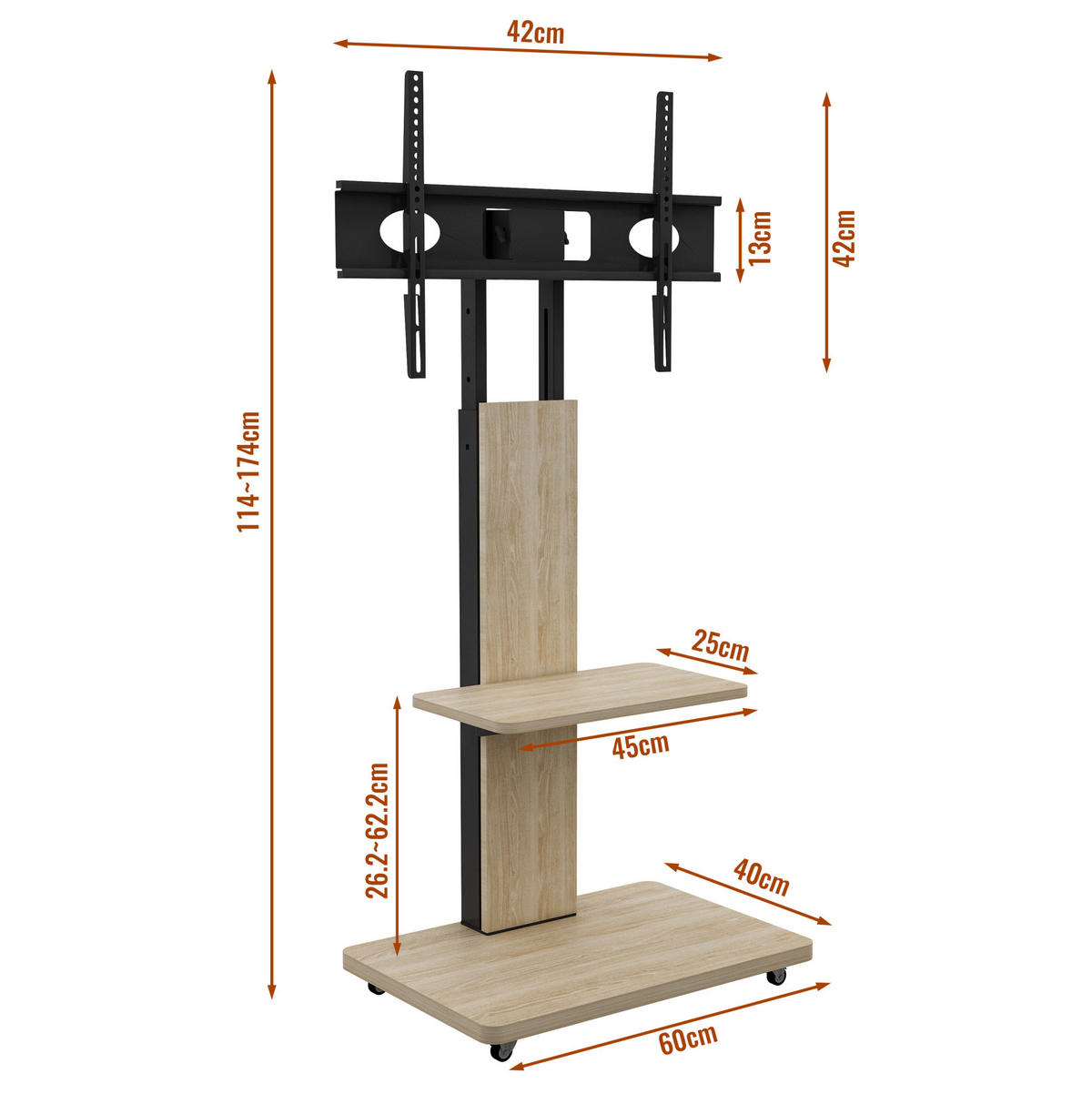 TV-STÄNDER aus MDF und Metall 60x40x150 cm Naturfarben höhenverstellbar mit Rollen und schwenkbarer Halterung - Hellbraun, Holzwerkstoff (60/150/40cm) - Modfu