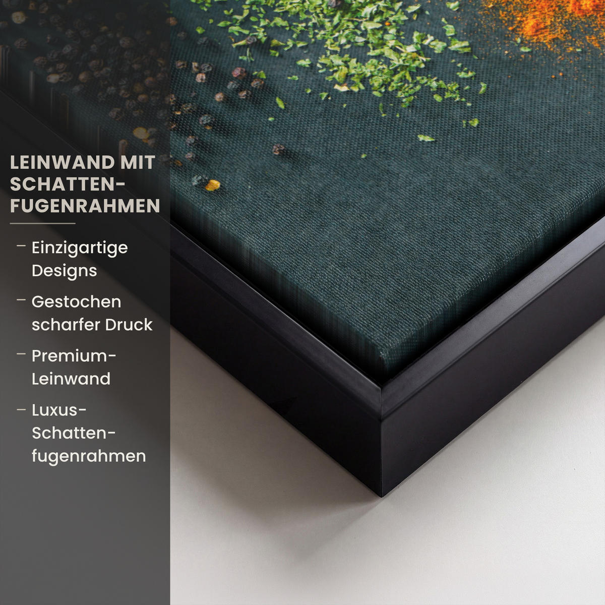 LEINWAND Bilder mit Rahmen - Kräuter - Gewürze - Löffel - 60x80 - Currygelb, Textil (60/80cm) - MuchoWow