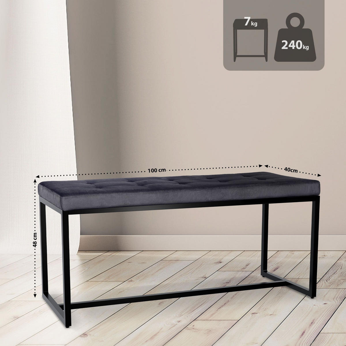 SITZBANK 100/40 cm Samt schwarz - Schwarz, Textil/Metall (100/48/40cm) - CLP